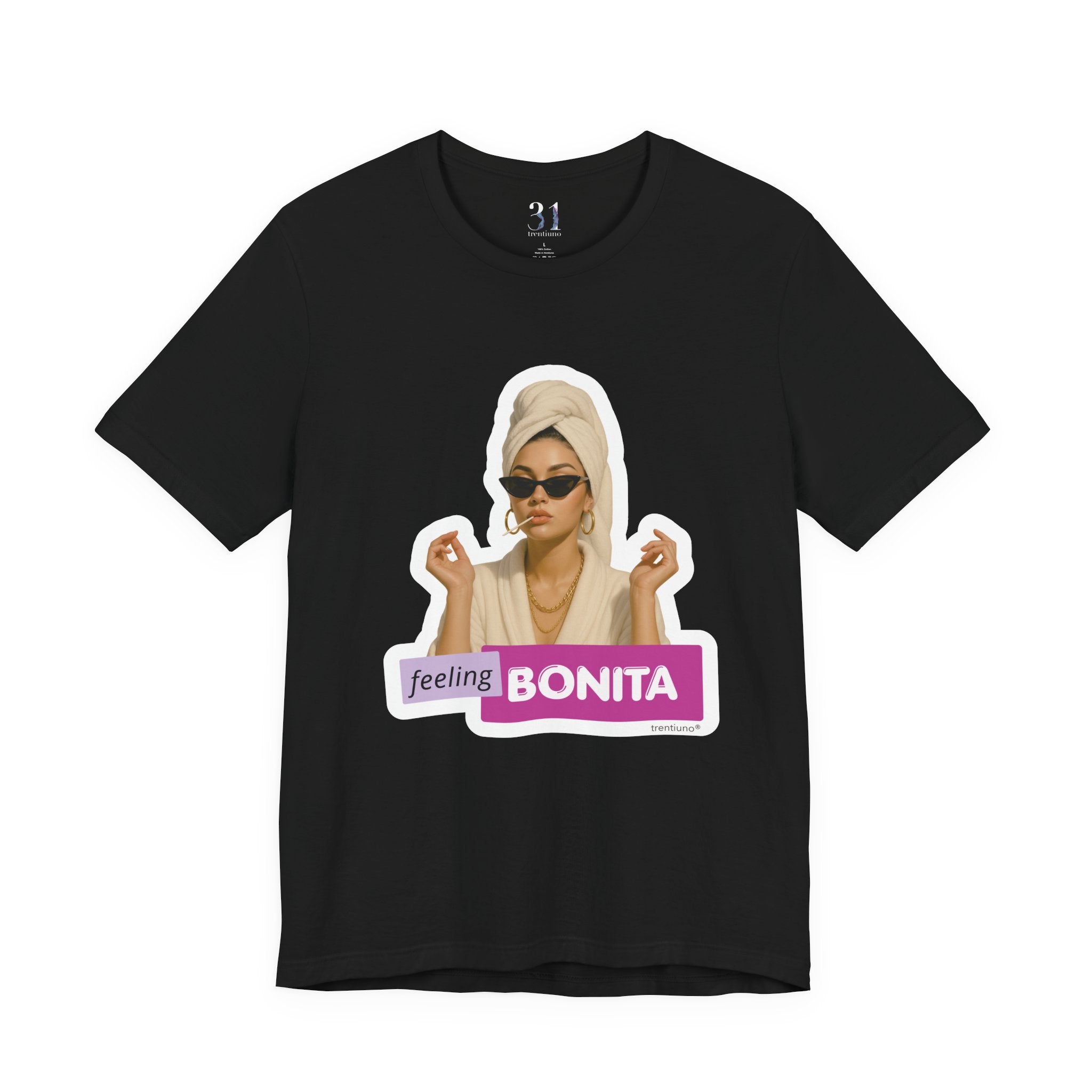 Black t-shirt with a graphic of a woman and 'feeling Bonita' text on a white background