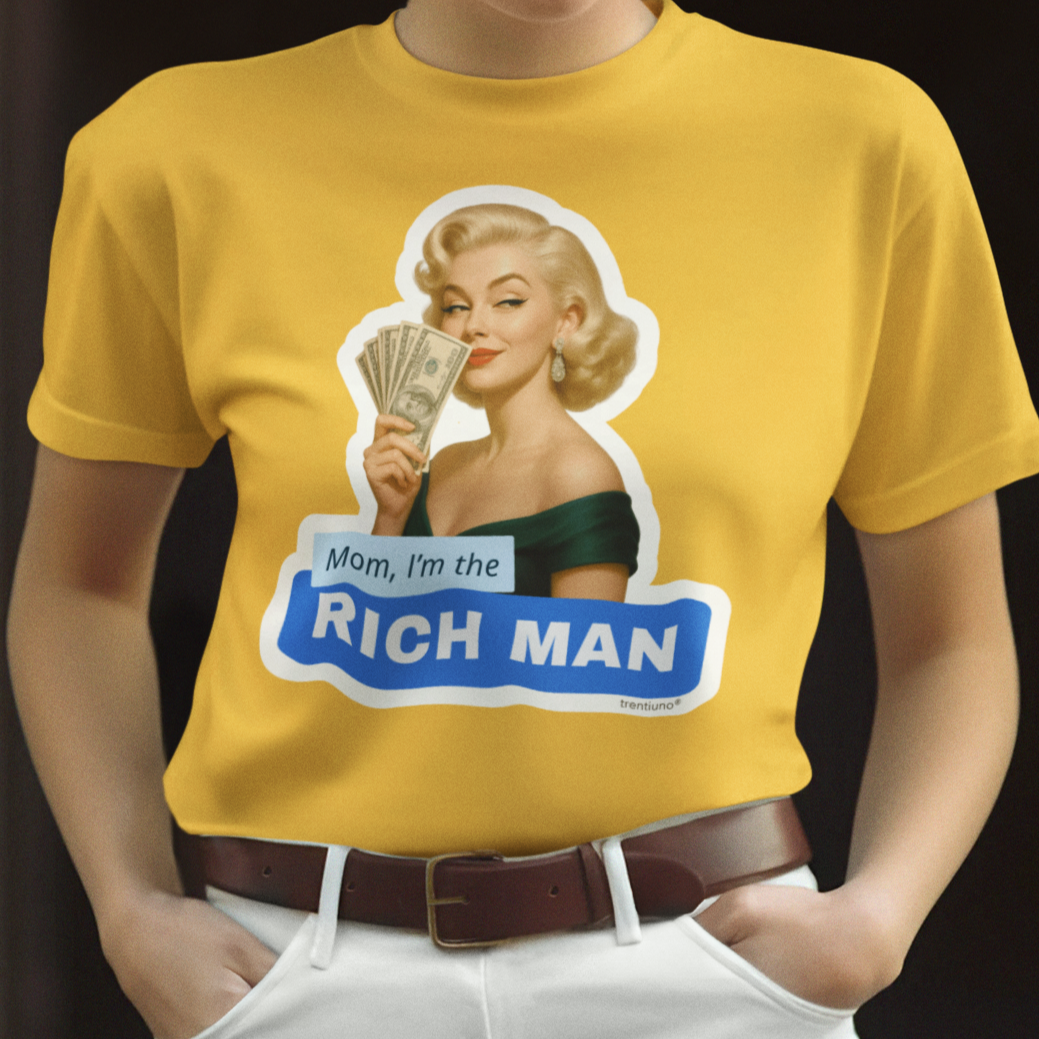 Woman wearing a yellow t-shirt with a graphic design and text.