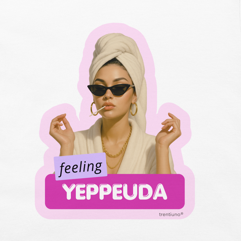 Sticker of a person with sunglasses and a turban, featuring the text 'feeling YEPPEUDA' on a light pink background.