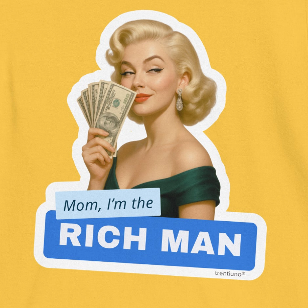 Vintage-style graphic of a woman holding money with text on a yellow background