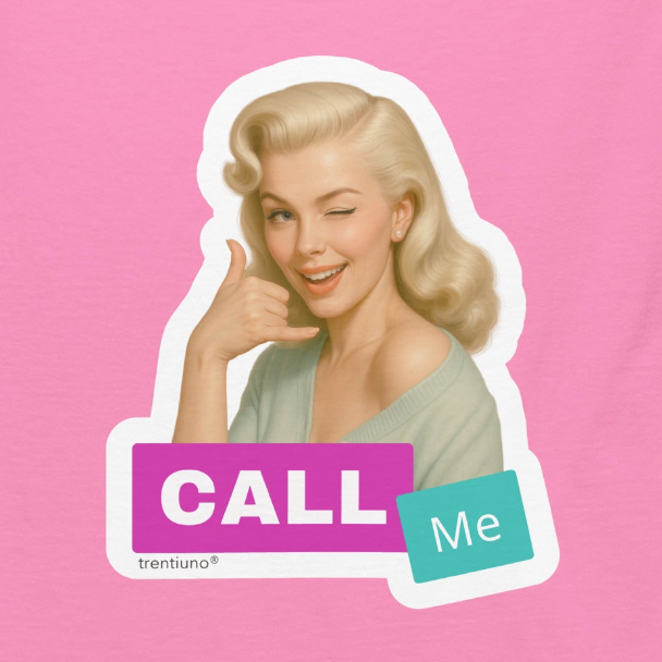Vintage-style illustration of a woman with text 'CALL Me' on a pink background