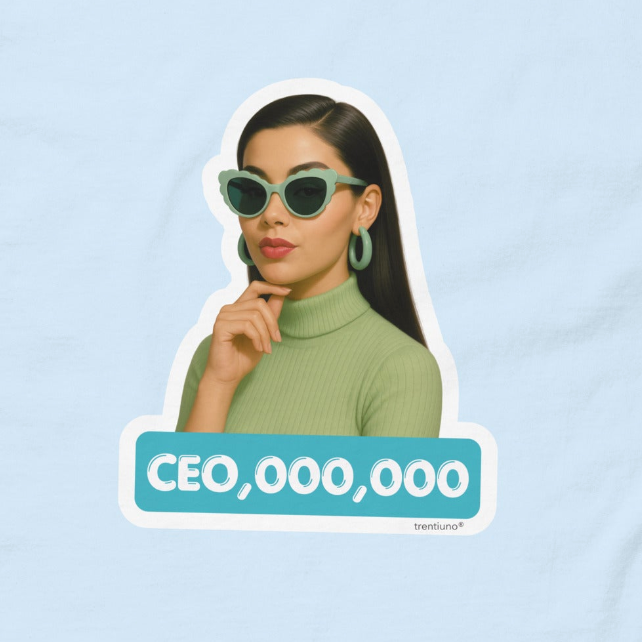 Sticker of a person wearing sunglasses with text 'CEO,000,000' on a light blue background