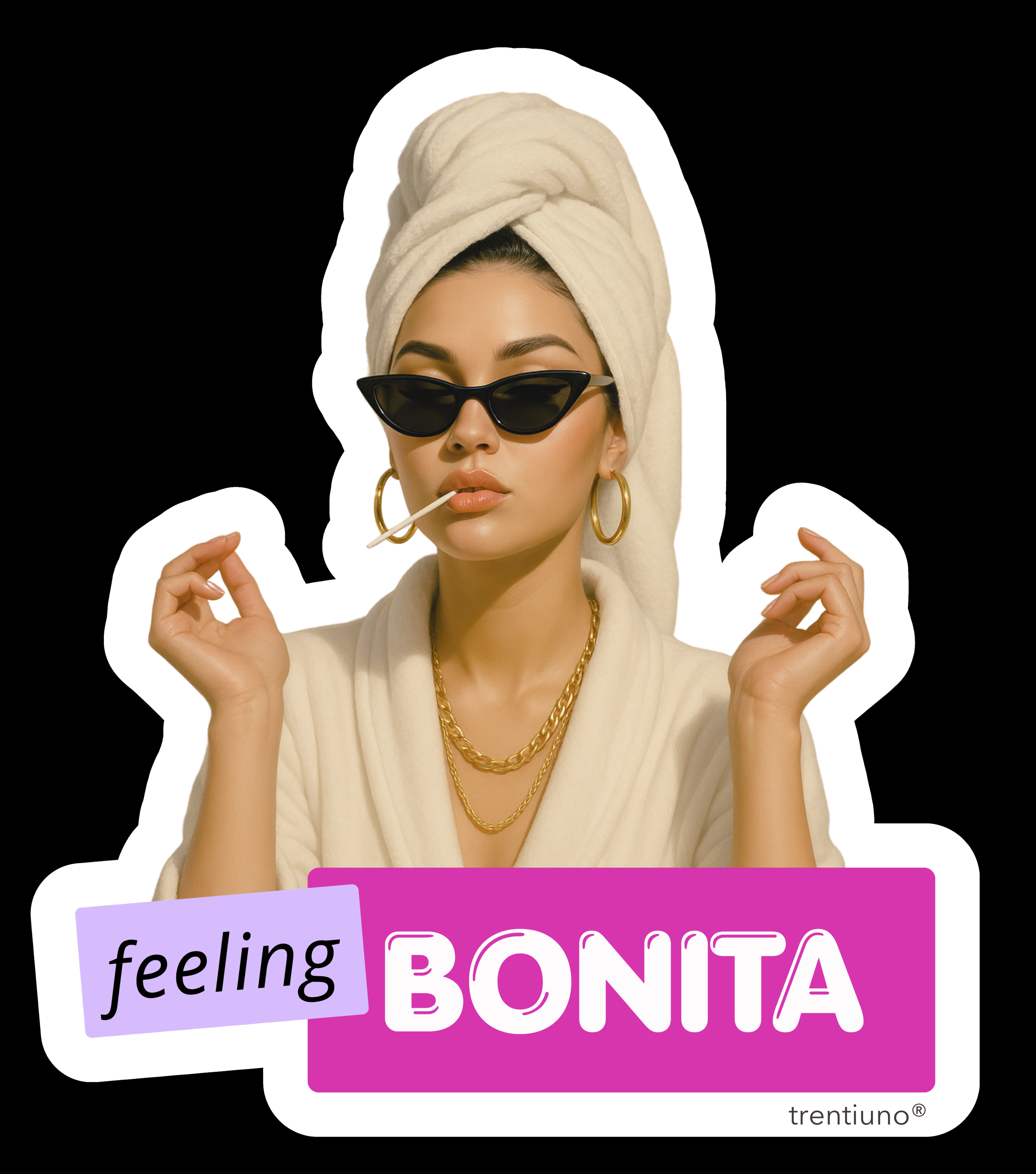 Sticker of a woman with sunglasses and a towel on her head, with 'feeling BONITA' text.
