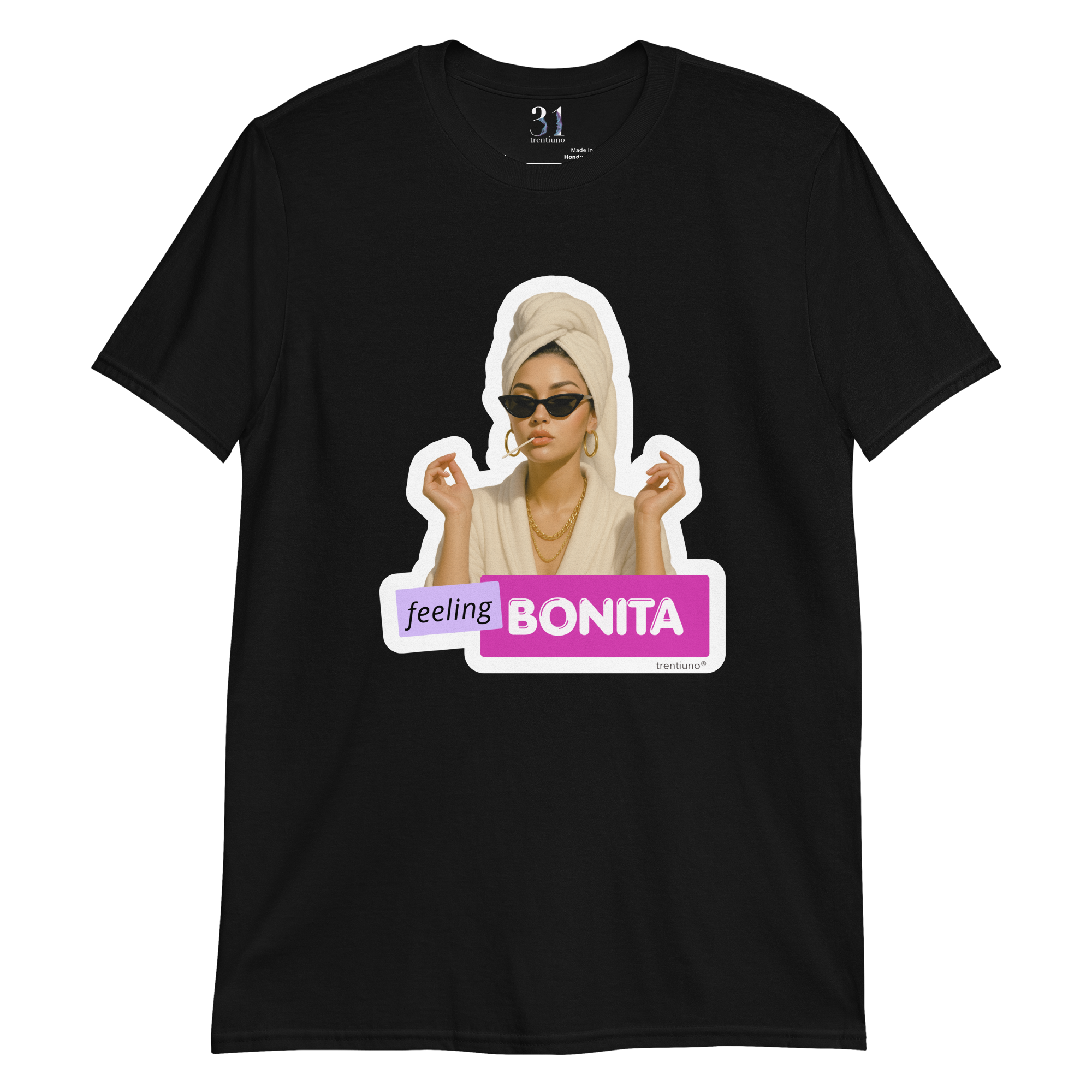 Black t-shirt with a graphic of a woman and 'feeling Bonita' text on a white background